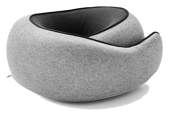 The NORVA Halo travel pillow in heather grey wool, three-quarter view with the ribbed black mesh channel visible