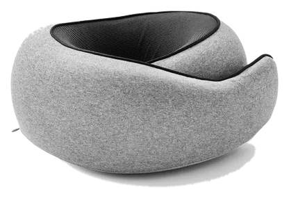 The NORVA Halo travel pillow in heather grey wool, three-quarter view with the ribbed black mesh channel visible
